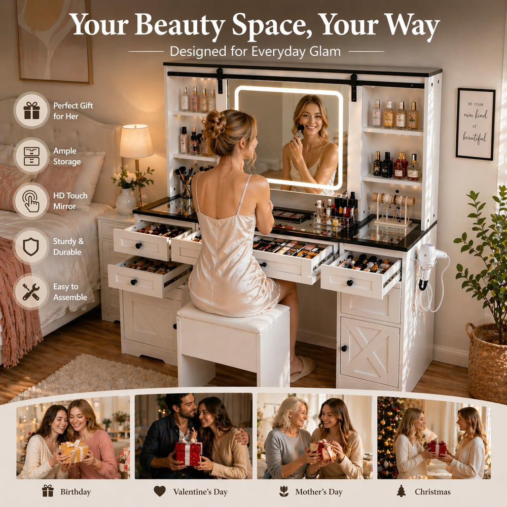 Vanity with Sliding Barn Mirror, Glass Top Makeup Desk with Outlet & Char...