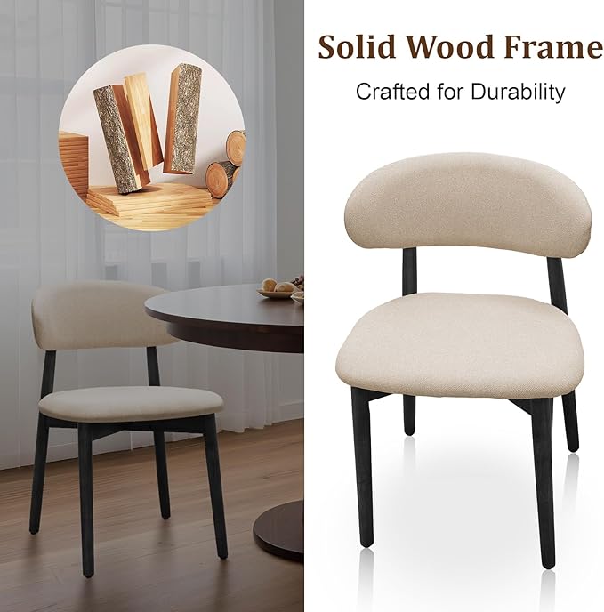 Farmhouse Dining Chairs Set of 4, Mid Century Modern Wooden Dining Room Chairs, Farmhouse Fabric Upholstered Kitchen Dinner Chairs for Living Room Restaurant Cafe, Black/Begie