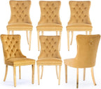 Velvet Upholstered Dining Chairs Set of 6, Modern Style Kitchen Side Chairs with Nailhead Trim and Gold Plated Leg, Metal Pulling Ring for Dining Room Living Room(Gold-Gold Plated Leg)