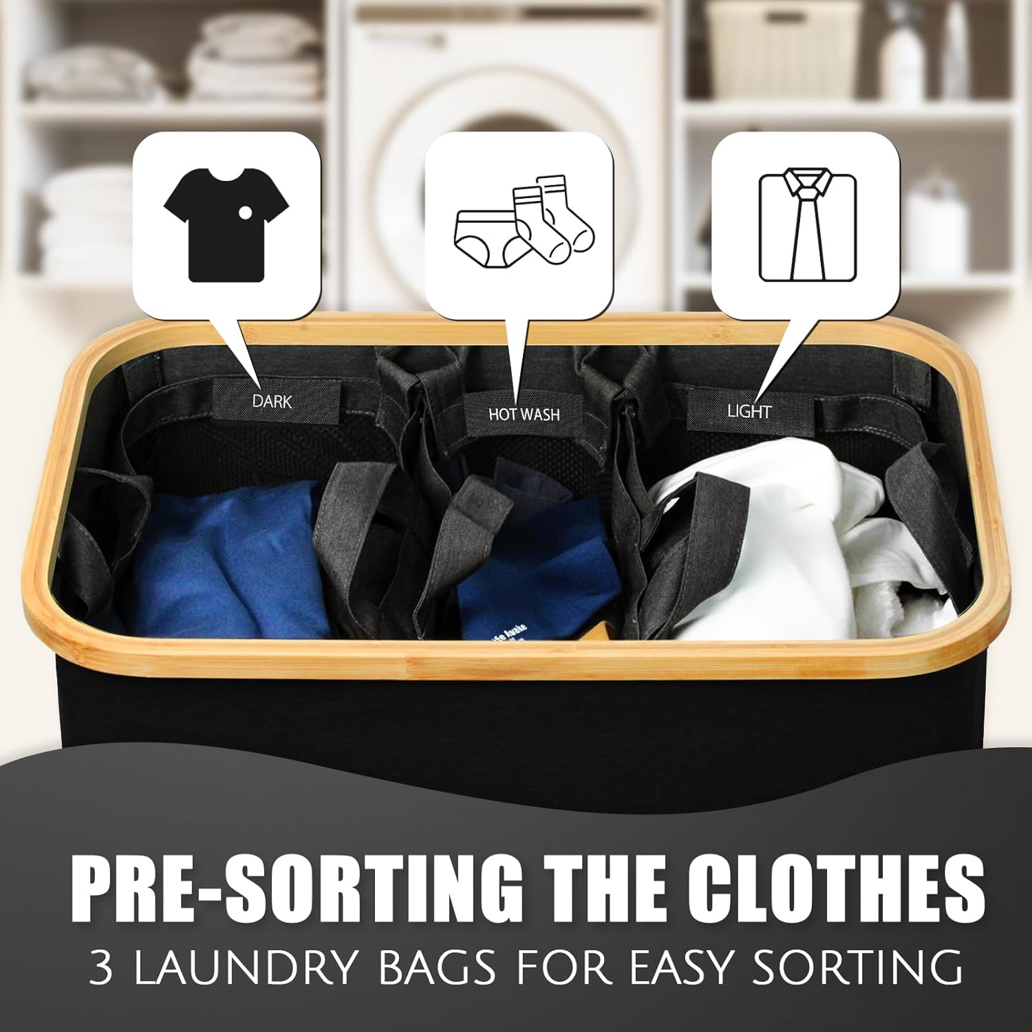 Hampers for Laundry Basket with Lid, 145L Extra Large 3 Section Clothes Divided Organizer for Bedroom, Laundry Room, Dirty Clothing Hamper, Black