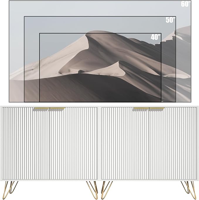 Fluted TV Stand for 60 Inch TV, Modern TV Stand, White Entertainment Center w/ 2 Storage Cabinets, Adjustable Shelves & Gold Handles, Wood Media Cabinet for Living Room, White