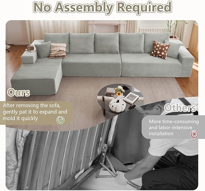 166.9" Cloud Sectional Couch with L-Shape Chaise, Modern Modular Comfy Sofa Chaise Longue, Upholstered Corduroy Couches Sleeper with Deep Seat for Living Room Bedroom, No Assembly Required, Grey
