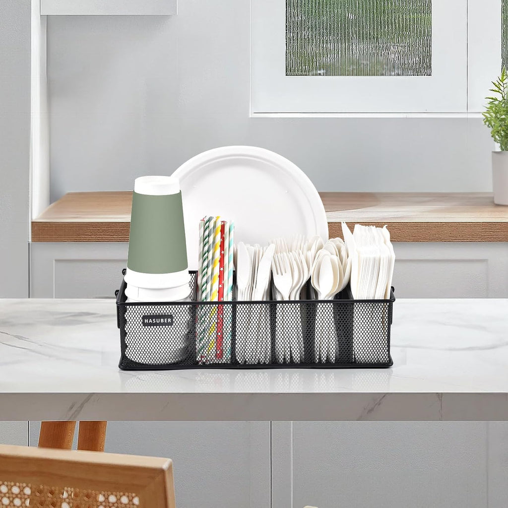 Silverware Organizer with Handle - Metal Utensil Caddy for Kitchen Counter, 7 Compartment for Plate, Cup, Napkin, Paper Plate Dispenser for Party, Picnic