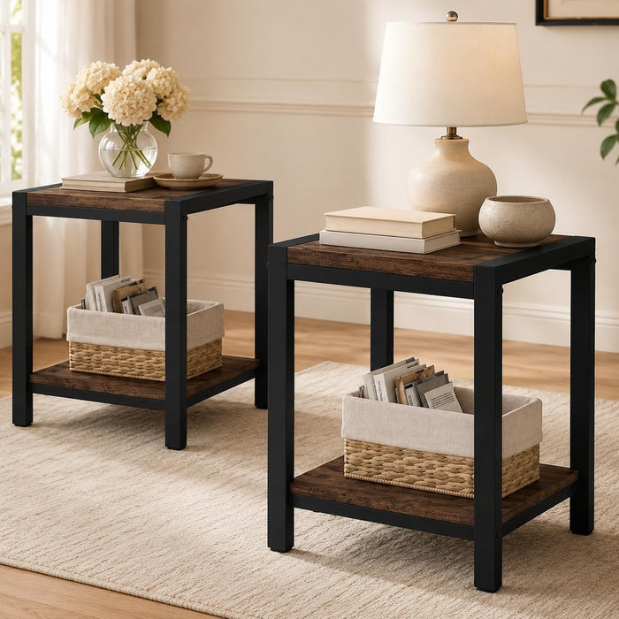 BON AUGURE Square End Table Living Room Set of 2, Side Table, Rustic Oak
