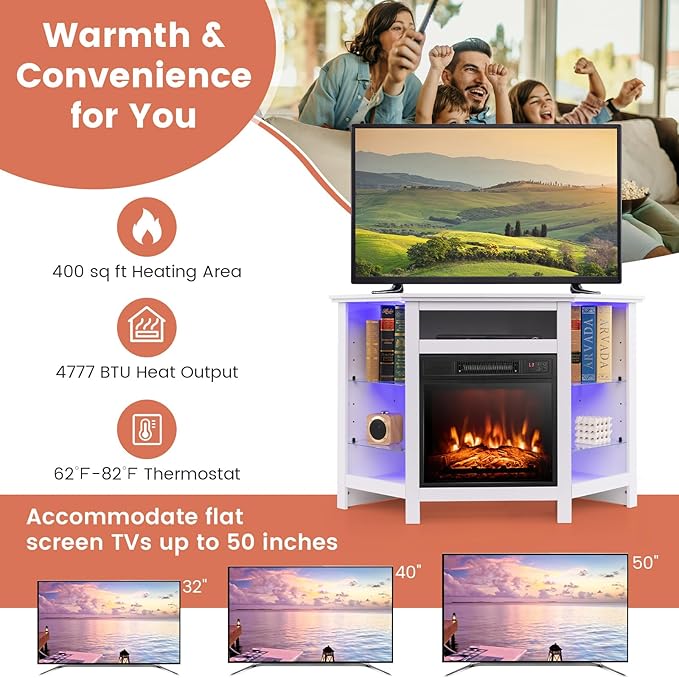 RELAX4LIFE Corner Fireplace TV Stand - Electric Fireplace Entertainment Center w/Heater Insert, LED Lights, APP Control & Adjustable Shelves, Media Console Cabinet for TVs up to 50’’ (White)