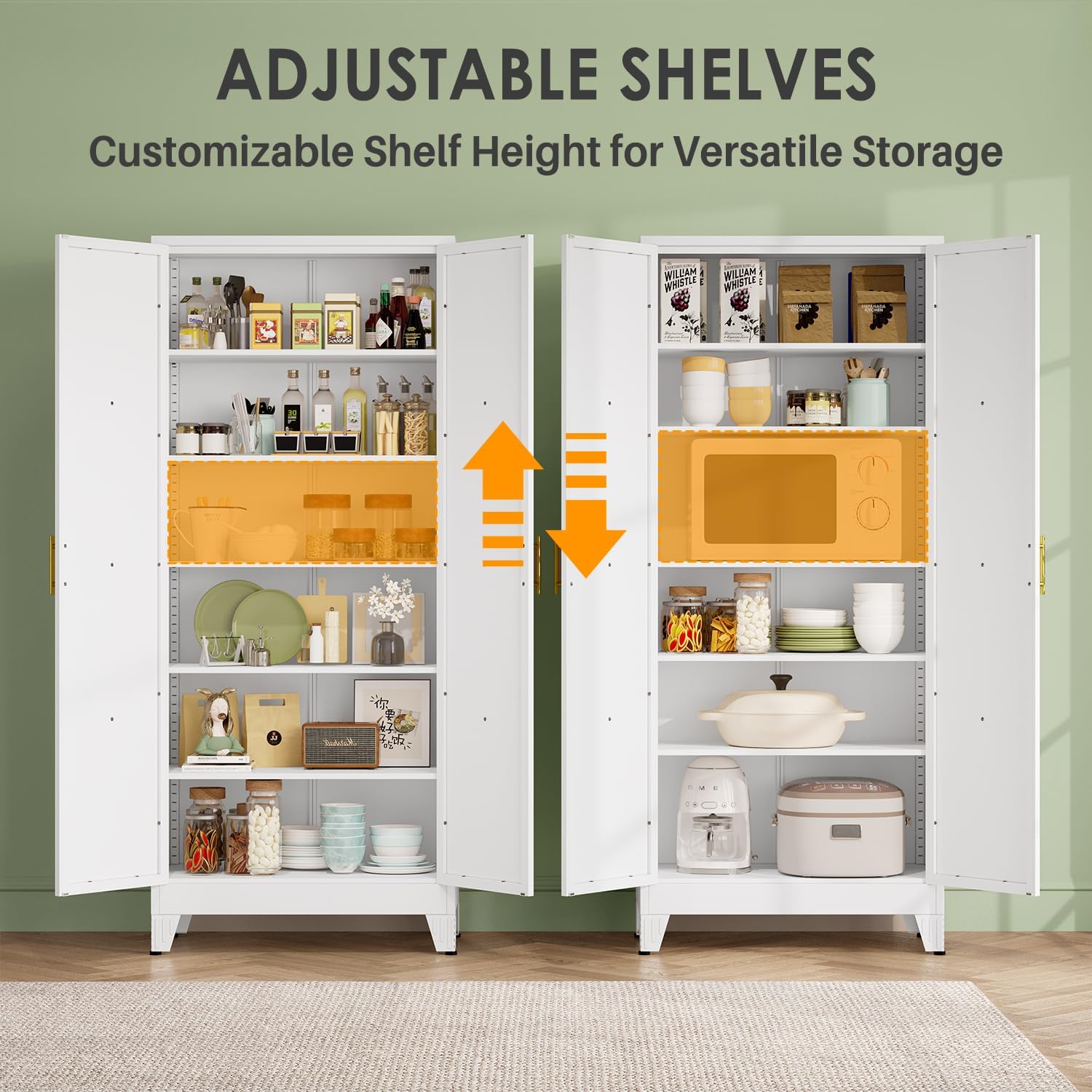 pozdeg 75" Tall Metal Kitchen Pantry Storage Cabinet with 2 Doors and 5 Adjustable Shelves, White Food Freestanding Cupboard for Kitchen, Dining Room, Bathroom and Garage (White)