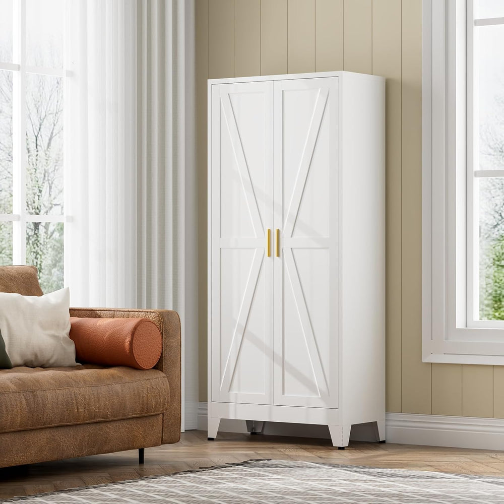 COFaR White Farmhouse Storage Kitchen Pantry Cabinet with 2 Barn Door, 3 Adju...