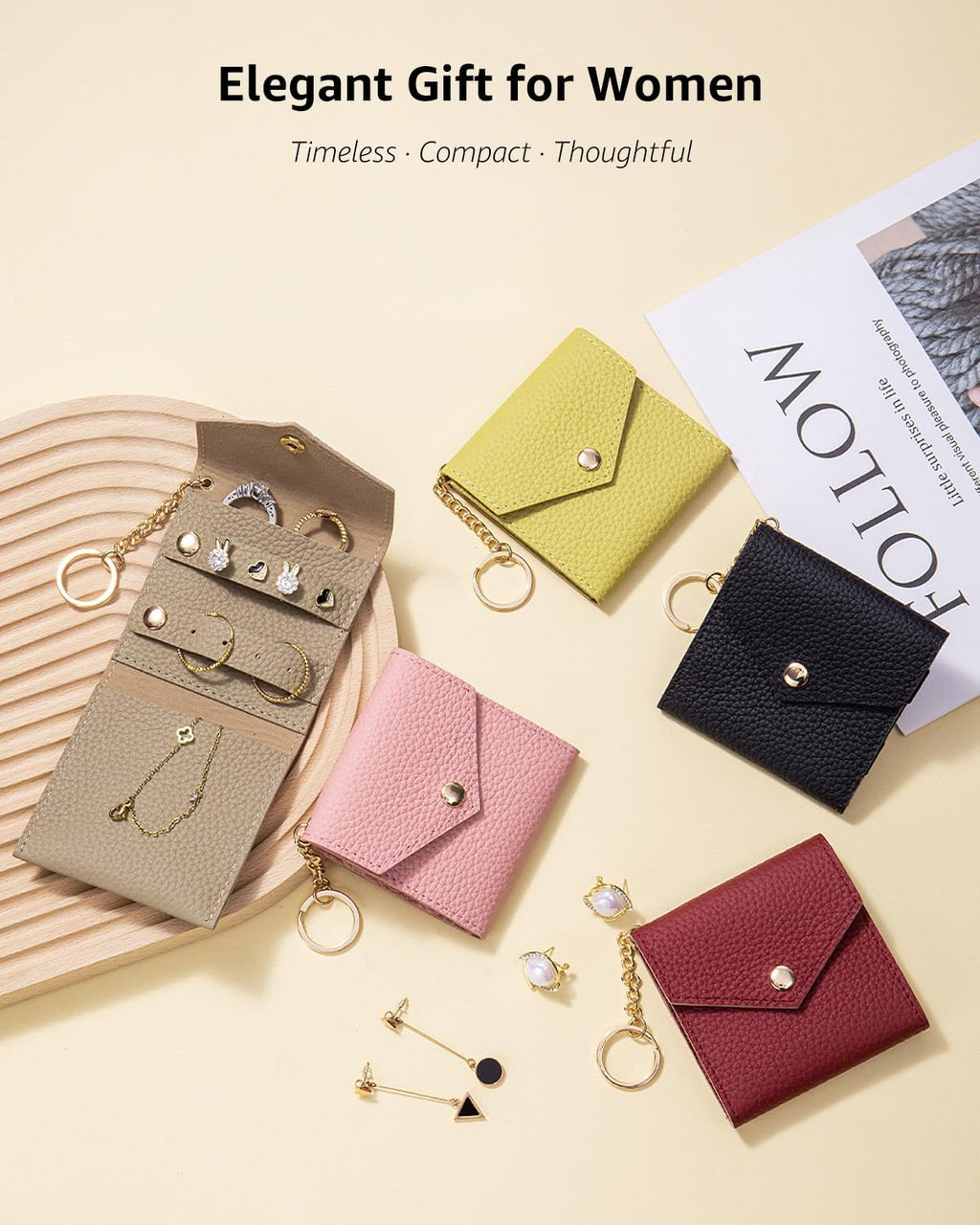 Small Travel Jewelry Organizer Case for Women, Genuine Leather Mini Jewelry Roll with Keychain, Portable Earring Ring Necklace Storage Pouch for Short Trips & Daily Use (Lemon Yellow)