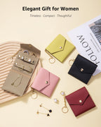 Small Travel Jewelry Organizer Case for Women, Genuine Leather Mini Jewelry Roll with Keychain, Portable Earring Ring Necklace Storage Pouch for Short Trips & Daily Use (Lemon Yellow)