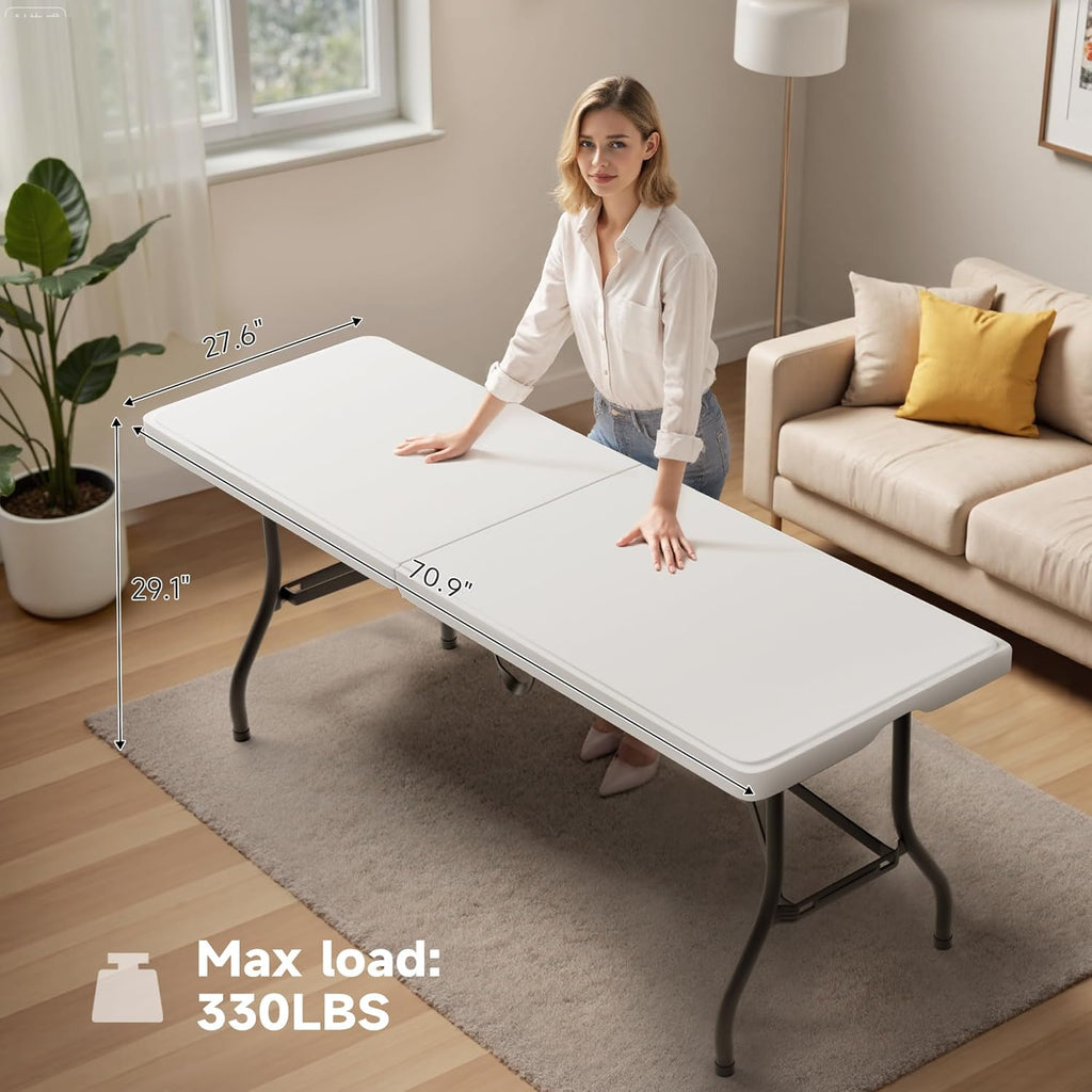 Folding Table 6 Foot - Heavy Duty 330LBS Capacity, Sturdy & Foldable Design with Safety Lock - Portable Tables Folding for Camping, Party, Indoor & Outdoor Use, 1 Pack
