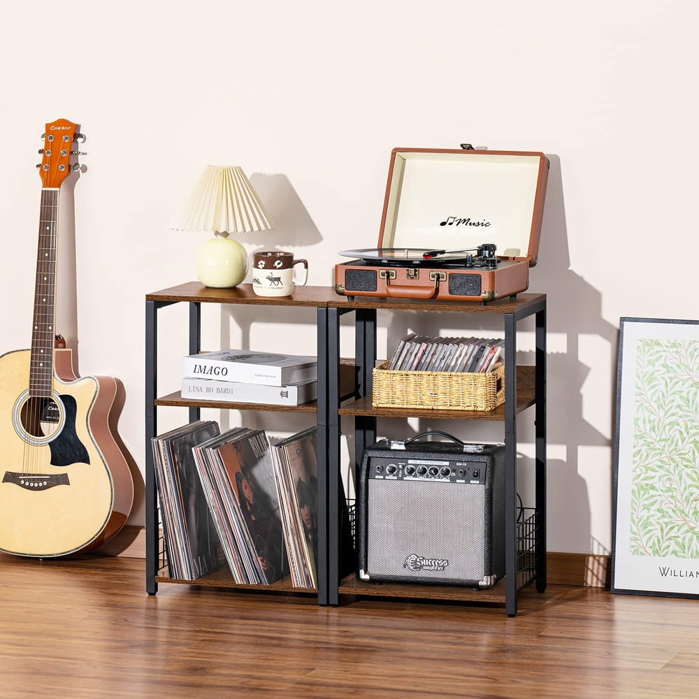 LELELINKY 3 Tier End Table,Record Player Stand with Storage Up to 100 Albums,...