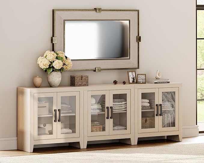 WAMPAT Farmhouse TV Stand for TVs up to 85”, Rustic Wood Entertainment Center with Adjustable Shelf, Glass Doors & Storage, Media Console Cabinet for Living-Room, Bedroom, Beige