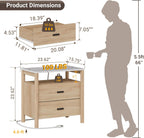 Night Stand Set of 2 with Charging Station, 24" Large Modern Nightstand with Faux Marble Top, 2 Drawers End Table with Solid Round Post Legs&Open Shelf, for Bedroom, Natural Oak