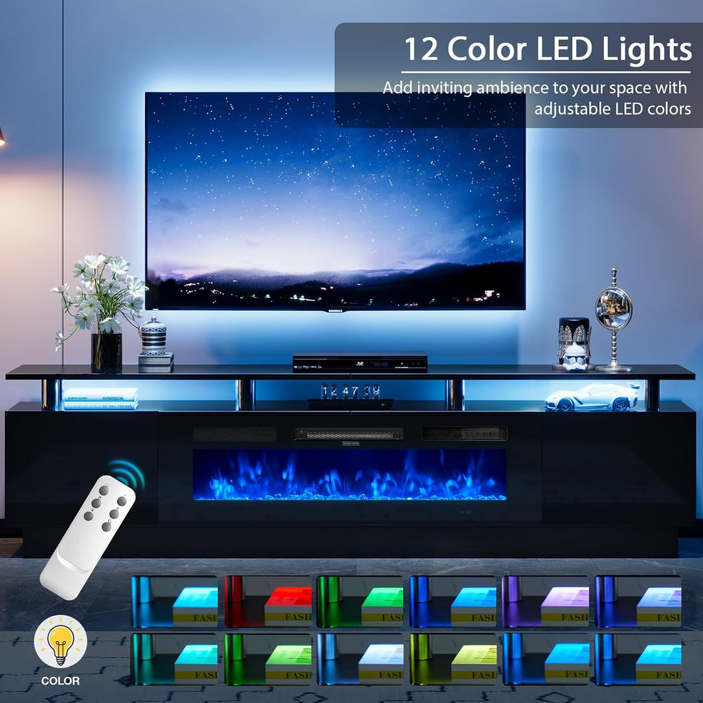 90" Fireplace TV Stand, 2-Tier LED Entertainment Center with 50" Fireplace, Fits TVs up to 100", Modern High Gloss TV Console with LED Lights & Storage Cabinets for Living Room, Black + Black