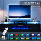 90" Fireplace TV Stand, 2-Tier LED Entertainment Center with 50" Fireplace, Fits TVs up to 100", Modern High Gloss TV Console with LED Lights & Storage Cabinets for Living Room, Black + Black