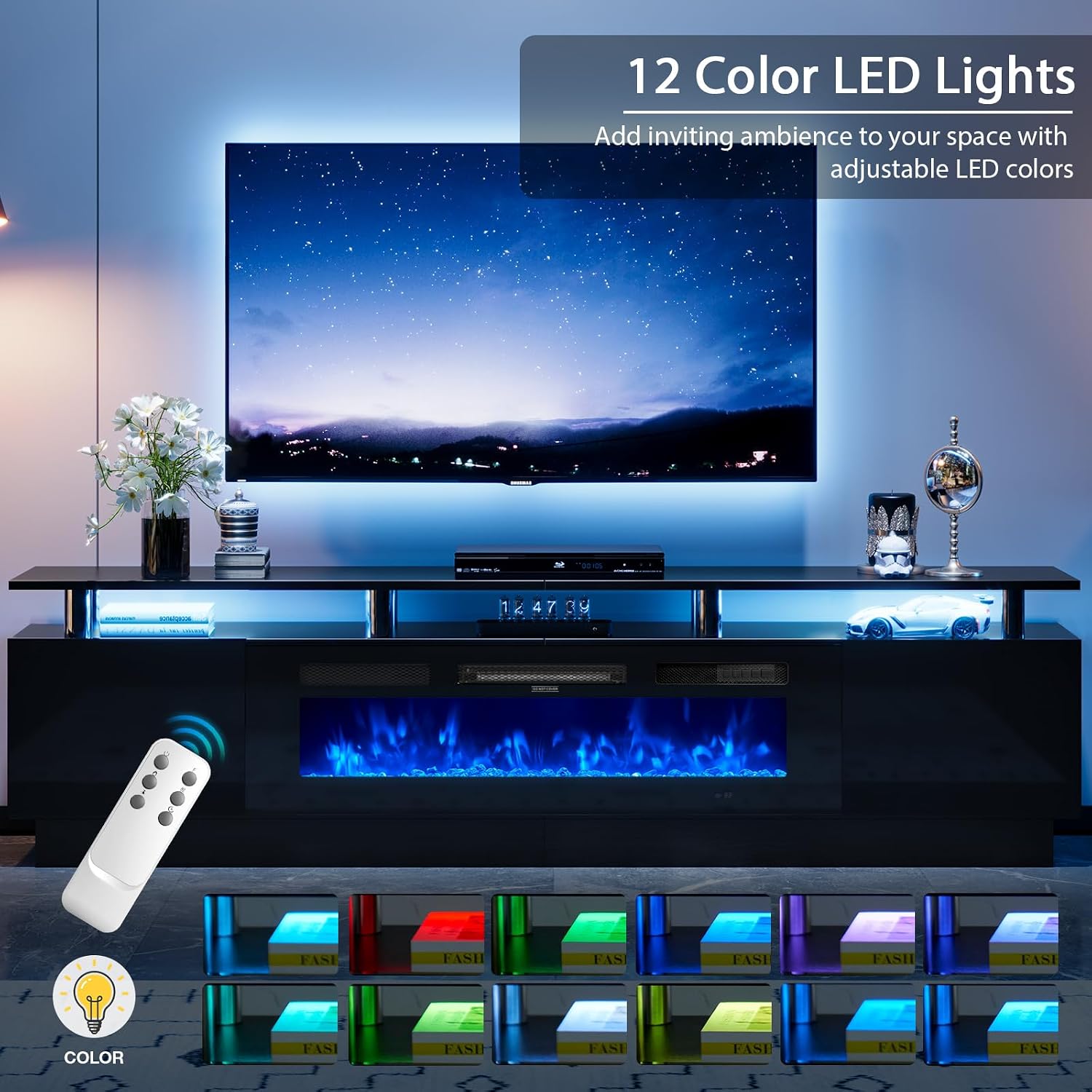 90" Fireplace TV Stand, 2-Tier LED Entertainment Center with 50" Fireplace, Fits TVs up to 100", Modern High Gloss TV Console with LED Lights & Storage Cabinets for Living Room, Black + Black
