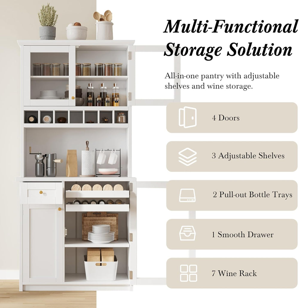 roomfitters Farmhouse Kitchen Pantry Buffet Hutch with Wine Rack and Glass Do...