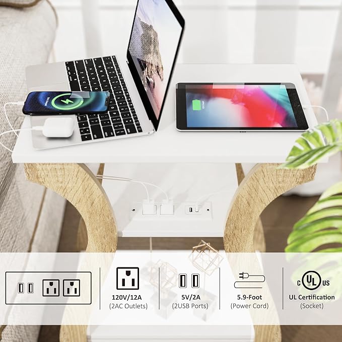 End Table with Charging Station, Side Table with USB Ports and Outlets, Night...