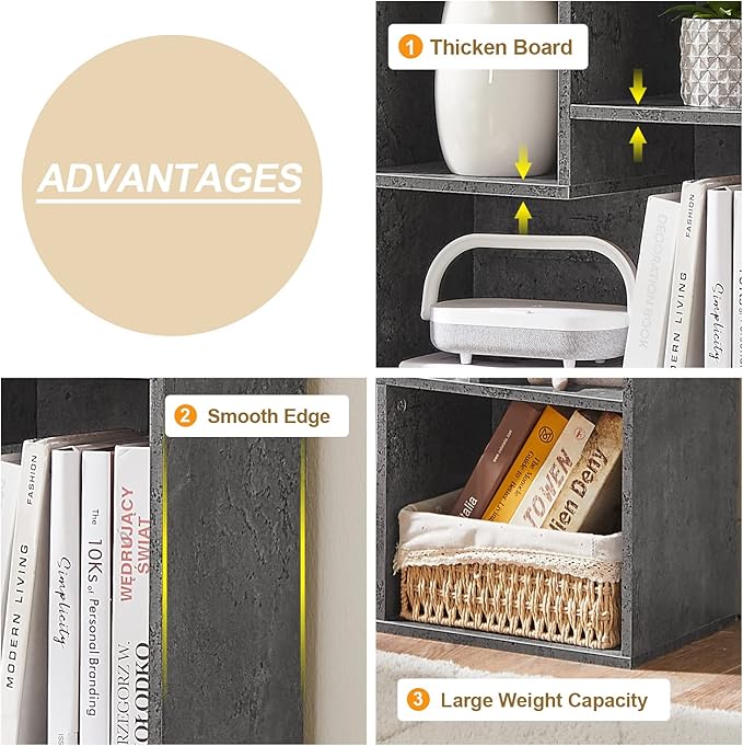 VECELO 42 Inch High Bookcase, 4-Tier Modern Storage Cabinet with Height Difference Shelves for Standard Textbooks, Floor Standing Display, 7 Cubes, Horizontal Avaiable, Easy Assembly, Grey