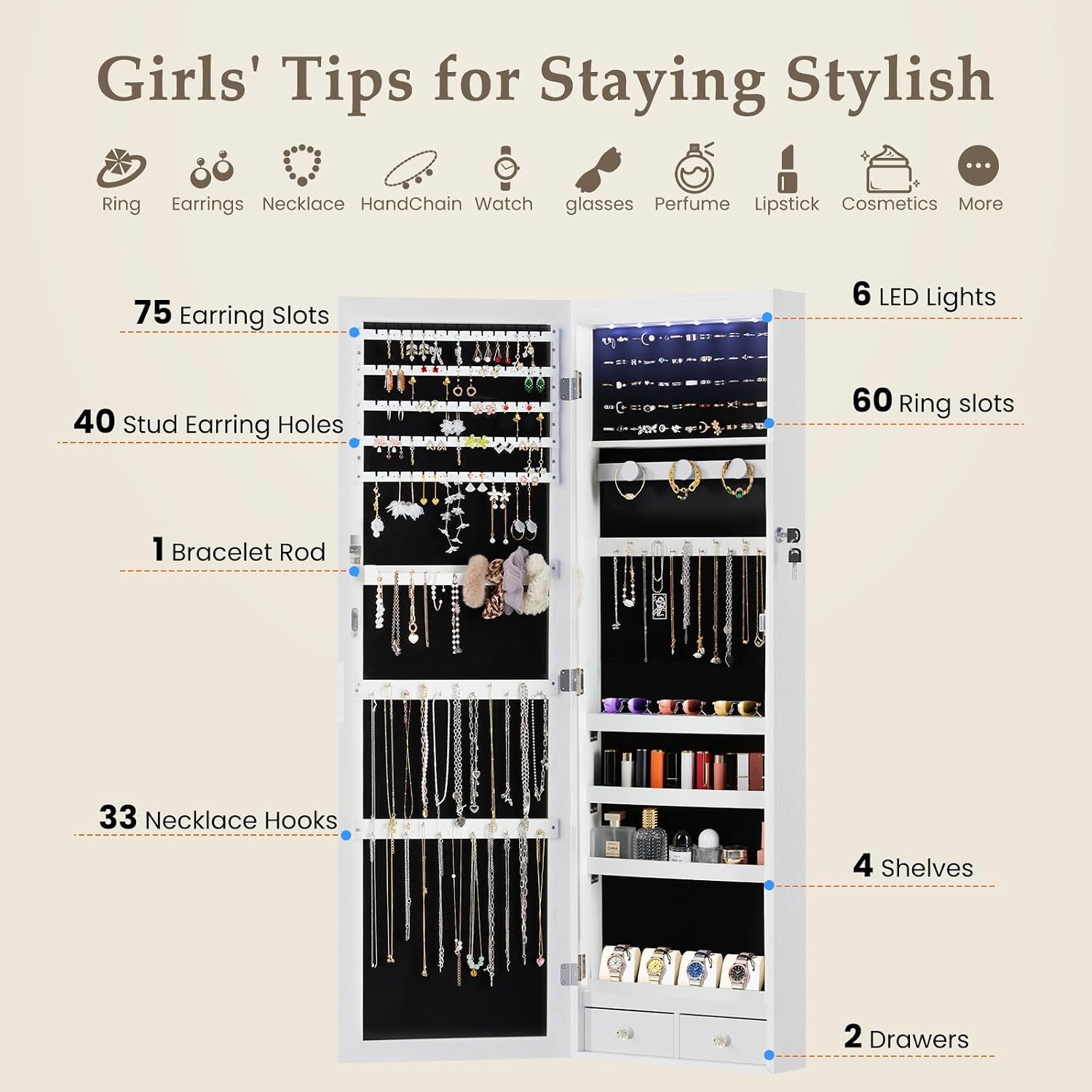 DUMOS 6 LEDs Mirror Jewelry Cabinet, Wall or Door Mounted Jewelry Organizer, 47.2-Inch Tall Lockable Large Capacity Cosmetic Storage, Gift Idea, White | Hanging Door or Wall Mounted Mirror, Lockable, Large Capacity Cosmetic Storage, 2 Drawers, Gift Idea