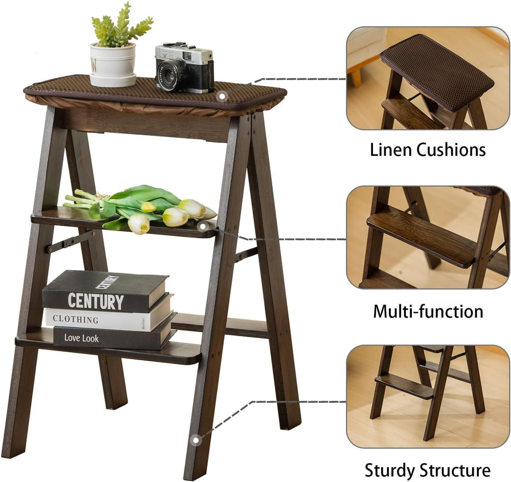 Latifolia Foldable 3 Step Ladder, Bamboo Step Stool with Floor Saver, Decorat...