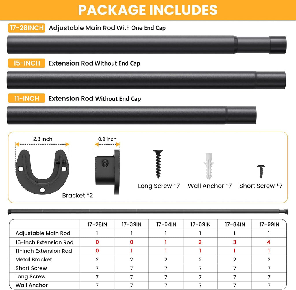 Closet Rods for Hanging Clothes, 17-39 Inch No-Cut Stepless Adjustable Closet Rod, 1.3 Inch Heavy Duty Metal Closet Hanging Rod with Brackets, Black Closet Bar for Closet, Laundry Room, RV, Wardrobes