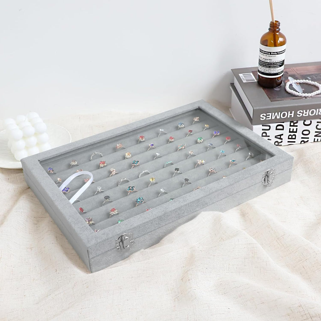 Wudygirl 7 Slot Ring Holder Velvet Jewelry Organizer Jewelry Tray for Drawer Rings Storage Ring Display Showcase Tray Stackable(Ring Box)