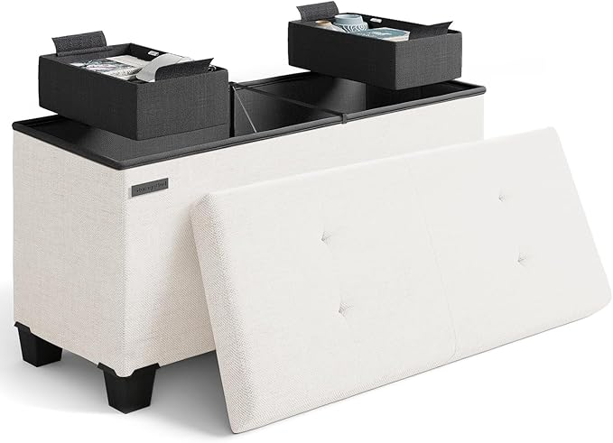 STORAGEBUD Storage Ottoman Bench with Bins, 30-in Storage Bench for Bedroom End of Bed, Folding Foot Rest Ottoman for Living Room Max 660lbs, Fabric Ottomans, Beige