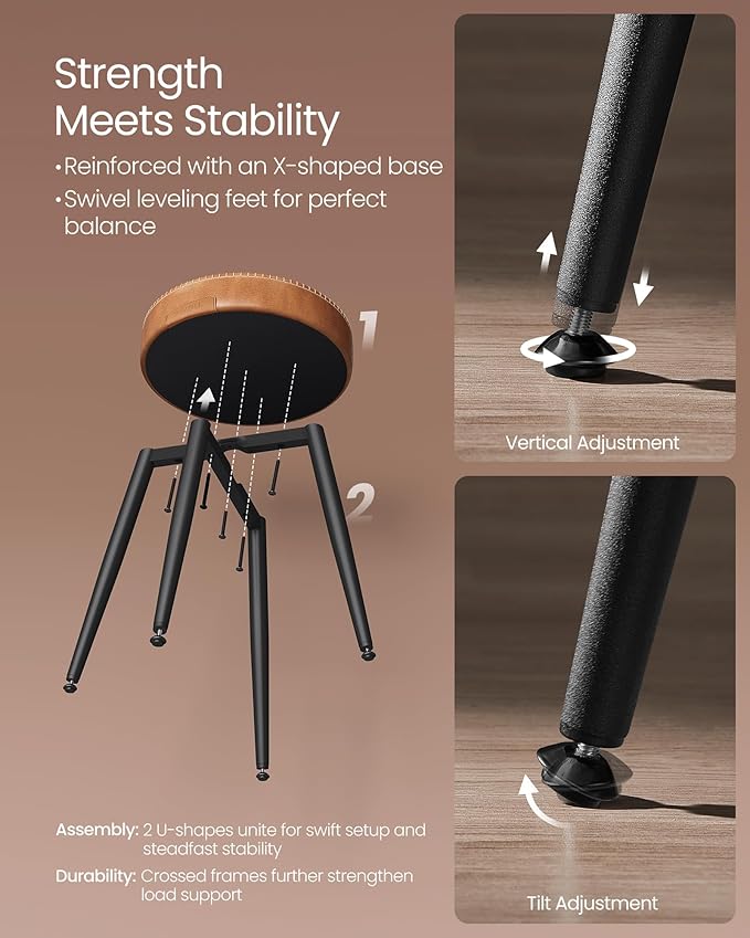 VASAGLE EKHO Collection - Dining Chairs Stools Set of 4, Upholstered Kitchen Chairs, Vanity Stools, Synthetic Leather with Stitching, Mid-Century Modern, 19-Inch Tall, Easy Assembly, Caramel Brown