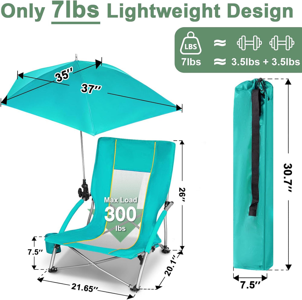 Romswi Beach Chair with Umbrella 2PK, Folding Low Beach Chairs for Adults wit...