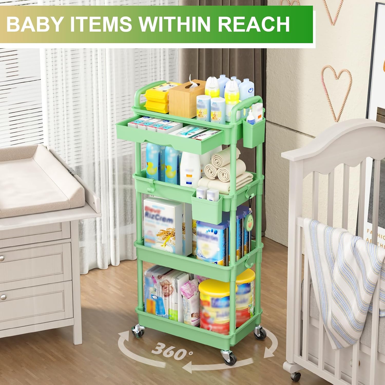 Goovilla 4 Tier Rolling Utility Cart Organizer with Removable Drawer, Stable and Sturdy Green Rolling Storage Carts with 2 Lockable Wheels for Bathroom, Kitchen, Snack, Craft, Makeup, Baby Essentials