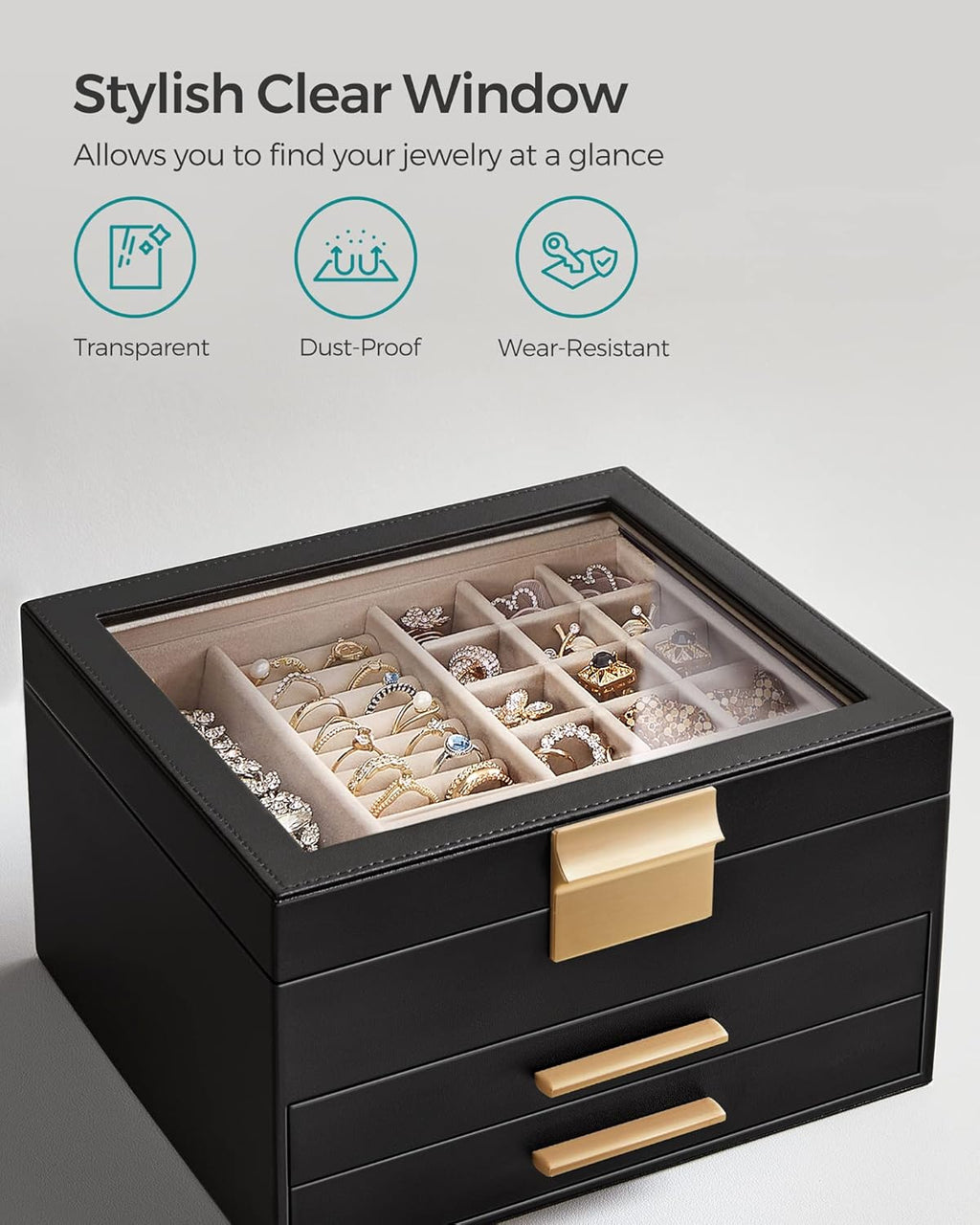 SONGMICS Jewelry Box Organizer with Glass Lid, 3-Layer Jewelry Storage, with 2 Drawers, Modern Style, Christmas Gift, 8 x 9.1 x 5.3 Inches, Graphite Black and Gold Color UJBC239B03