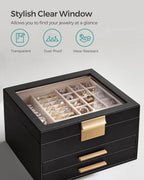 SONGMICS Jewelry Box Organizer with Glass Lid, 3-Layer Jewelry Storage, with 2 Drawers, Modern Style, Christmas Gift, 8 x 9.1 x 5.3 Inches, Graphite Black and Gold Color UJBC239B03