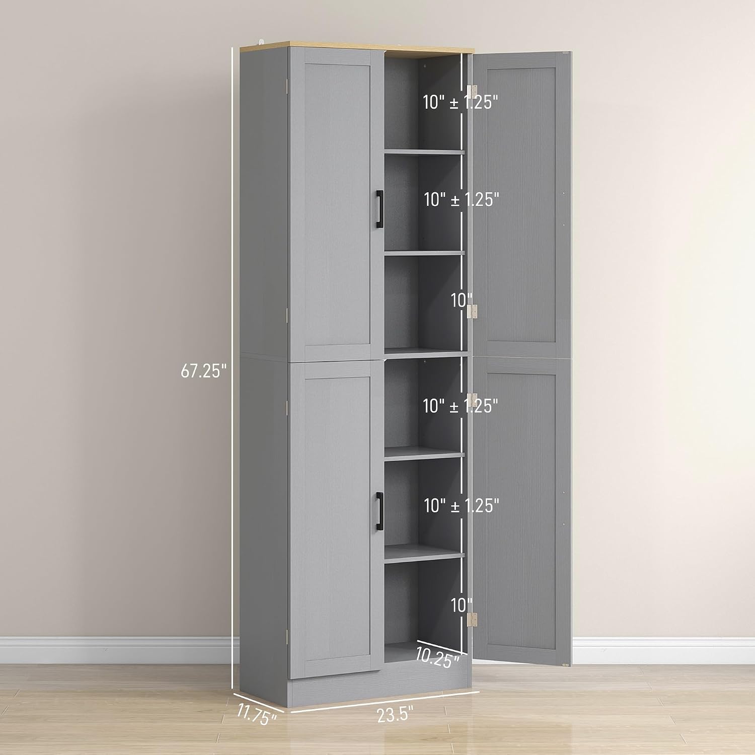 HOMCOM 67" Freestanding Kitchen Pantry 4-Door Cabinet Distressed Gray | Storage Organizer, Adjustable Shelves, Pantry Cabinet with Doors