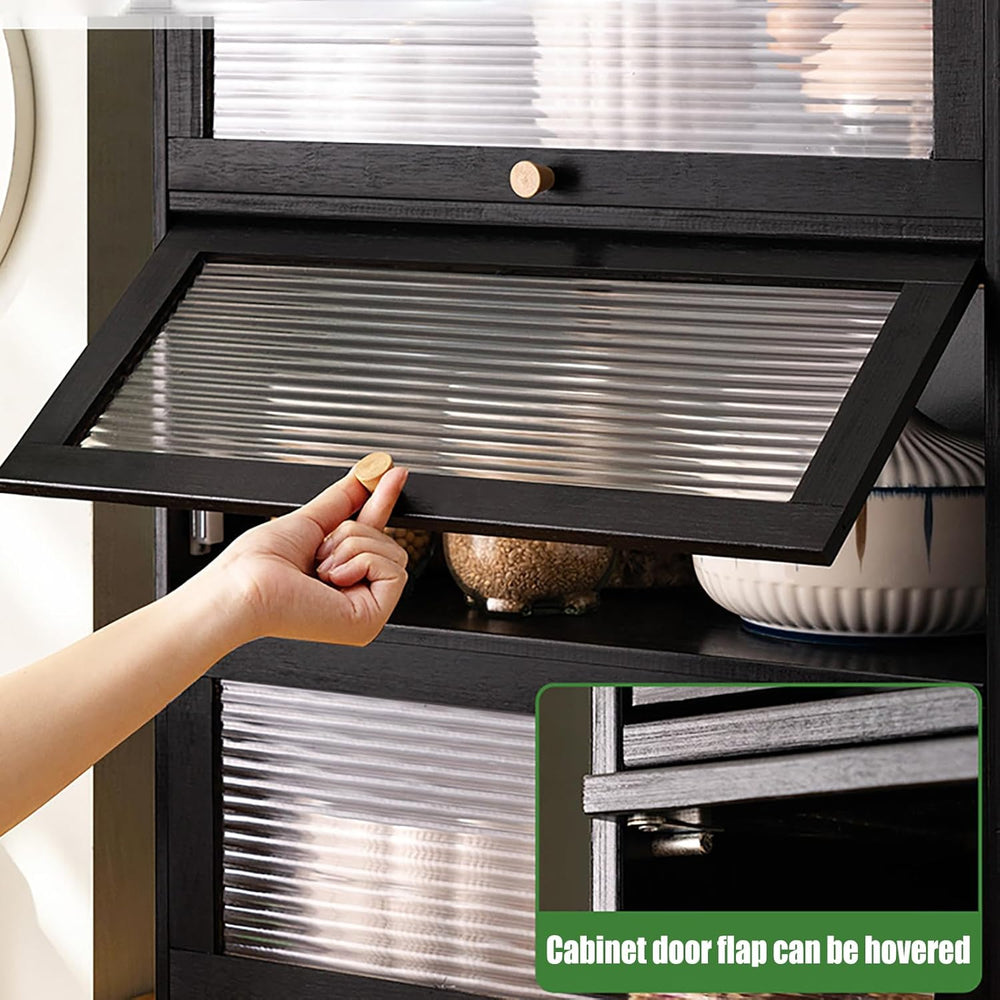 3 Tier Kitchen Pantry Storage Cabinet with with 2 Sliding Striped Glass Doors...