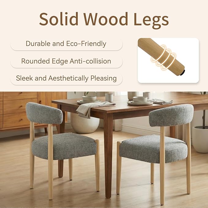 VKNOW Wooden Dining Chairs Set of 4, Modern Upholstered Dining Room Chairs with Rubberwood Legs and Curved Backrest, Fabric Kitchen Chairs for Farmhouse/Living Room/Dining Room, Gray