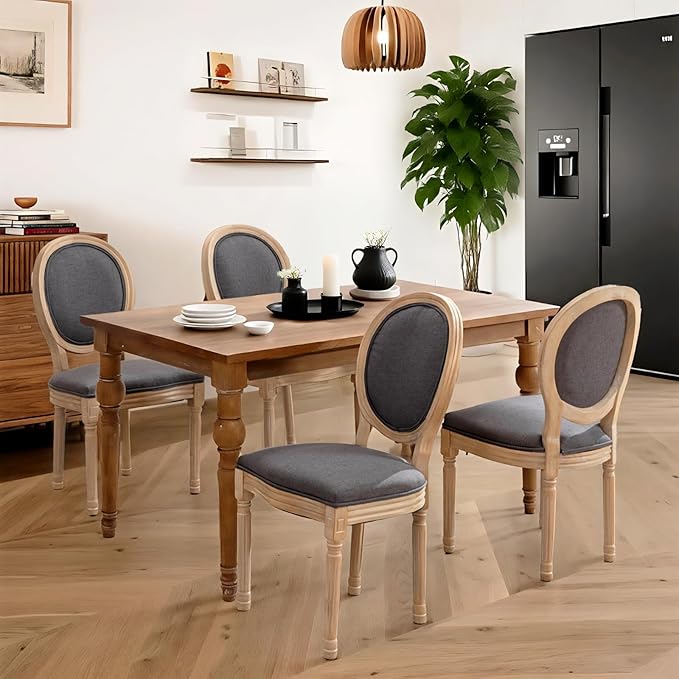 French Country Dining Chairs Set of 4,Farmhouse Upholstered Dining Room Chairs with Round Back and Solid Leg,Fabric Kitchen Side Chairs for Kitchen/Bedroom/Dining Room,Gray