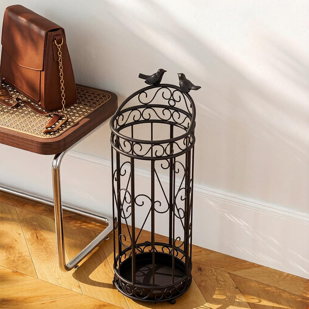 Round Metal Umbrella Basket with Removable Drip Tray Large Capacity Commercial Vintage Umbrella Holder with Hollow Design for Entryway, Hallway(Black)