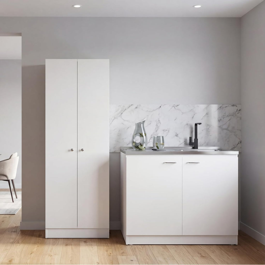 Tuhome Tall Storage Cabinet with 5 Adjustable Shelves, Two Large Doors and Kitchen Utility Sink Set with Stainless Steel Countertop Included