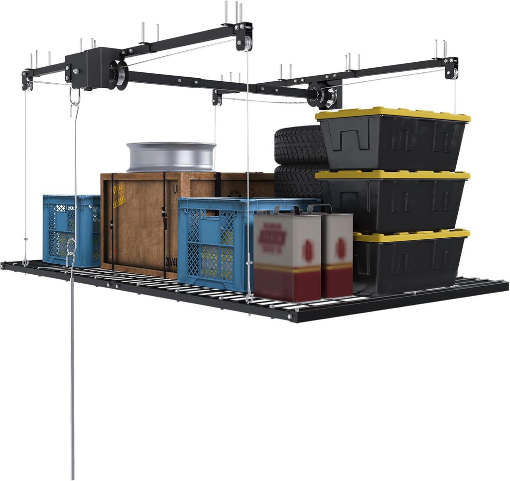 Montary 5x9 FT Overhead Garage Storage Rack for 10-12 FT Ceiling, Adjustable Ceiling Lifting Storage Rack with Safety Lock, 400LBS Capacity All-Steel Construction Heavy-Duty Garage Organizer Rack