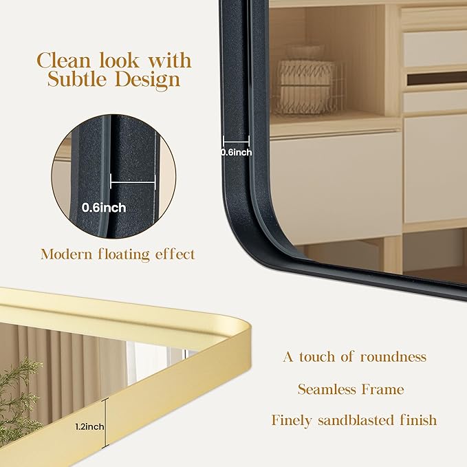 22×30 Black Bathroom Mirror, Rectangular Bathroom Vanity Mirror for Wall with Rounded Corners & Aluminum Alloy Frame, Tempered-Glass, Modern, Farmhouse, Horizontal/Vertical, Entryway, Bedroom