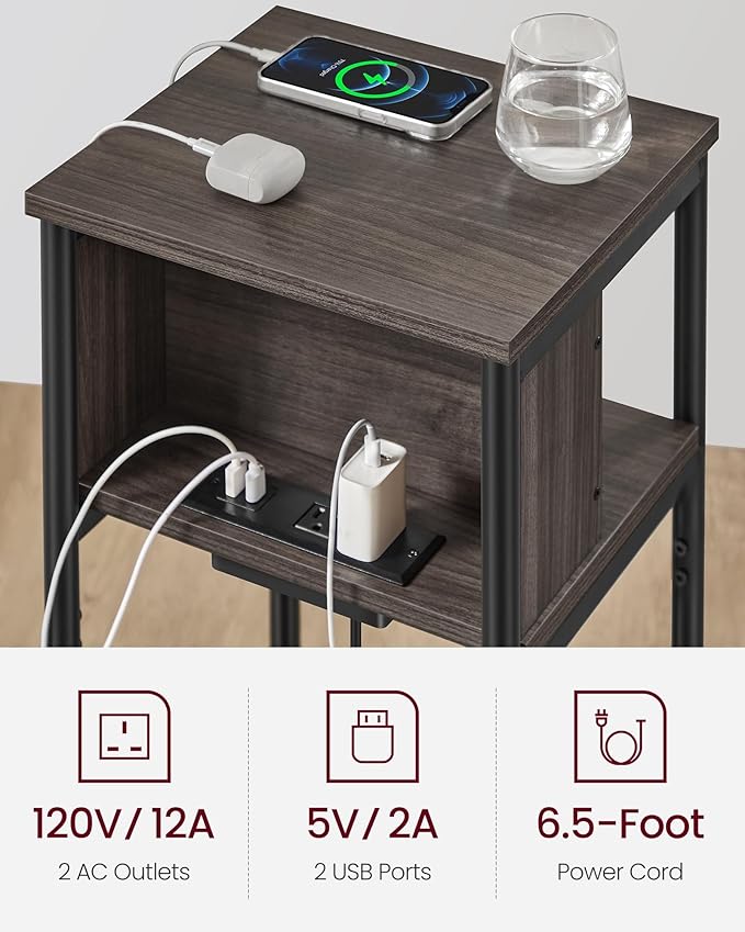 VASAGLE Side Table with Charging Station, 3-Tier End Table with USB Ports and...