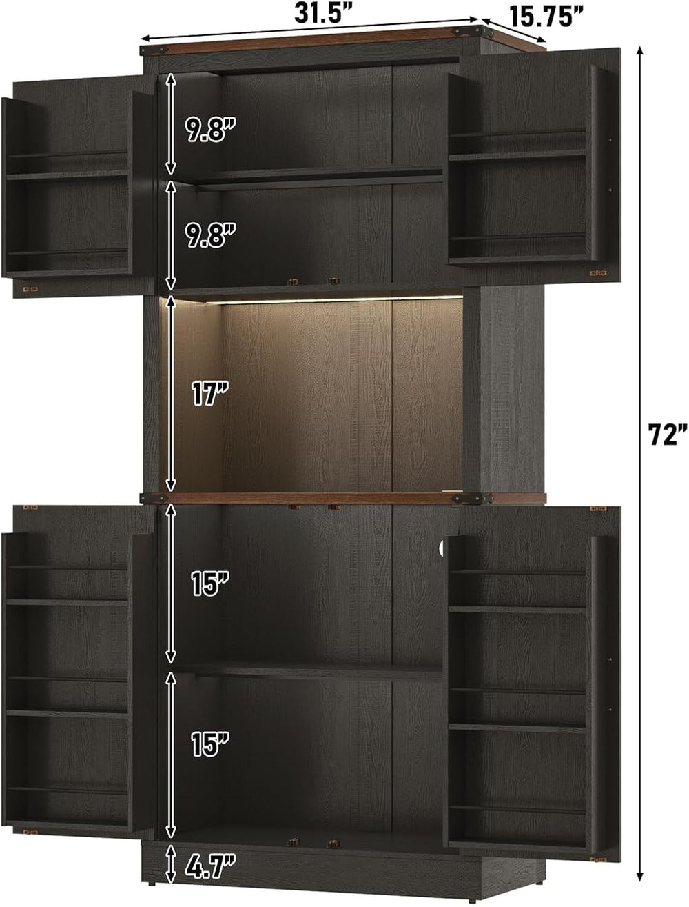 72" Tall Farmhouse Kitchen Pantry Cabinet with LED Light and Power Outle...
