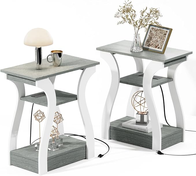 End Tables Living Room Set of 2,Grey End Table with Charging Station,Grey Sid...