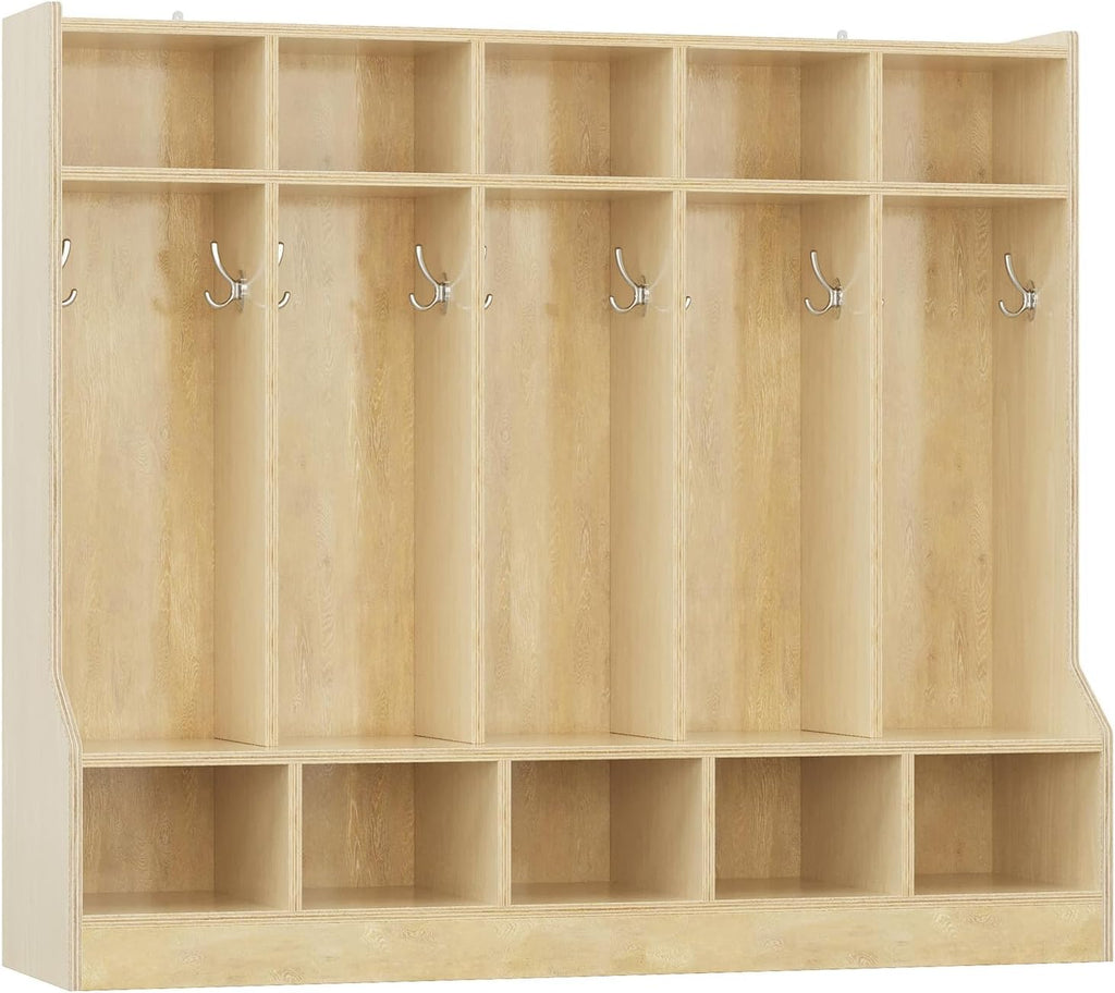 Kids Coat Locker with Bench – 10 Cubbies, 10 Hooks, Storage Organizer – Smooth Wood Finish, Hidden Casters – Ideal for Nursery, Home, Study Room – Large Size Natural Wood Color