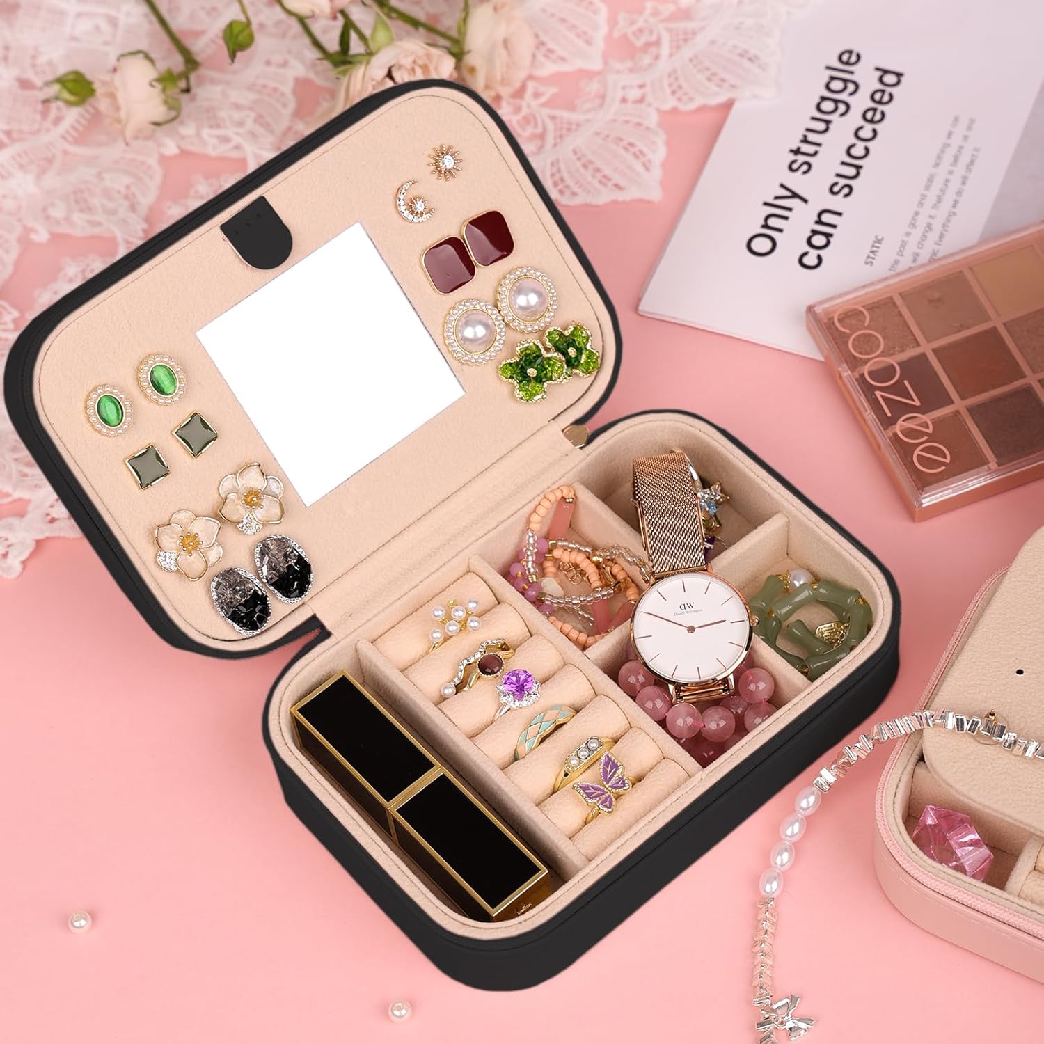 TopPerfekt Travel Jewelry Case, Jewelry Box with Mirror, Jewelry Organizer Bridal Shower Gifts to Her, Earring Storage Travel Case, Trendy Gift for Women and Girls, Girlfriend-Letter P, Black