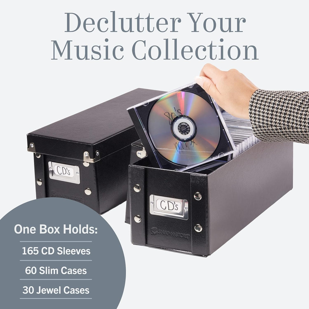 Snap-N-Store CD Storage Box - 2 Pack - Durable 5.1 x 5.1 x 13.2 Inch Disc Holders with Lids to Store up to 52 CDs - Black