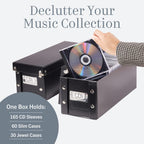 Snap-N-Store CD Storage Box - 2 Pack - Durable 5.1 x 5.1 x 13.2 Inch Disc Holders with Lids to Store up to 52 CDs - Black
