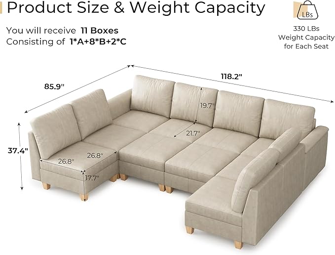 SITJOY 118" Faux Leather Modular Sectional Sofa with Storage, Mid Century Modern Sectional Couches for Living Room, Soft Padded Armrests, Oversized 10 Seat U Shaped Sofa Bed with Chaise, Greige