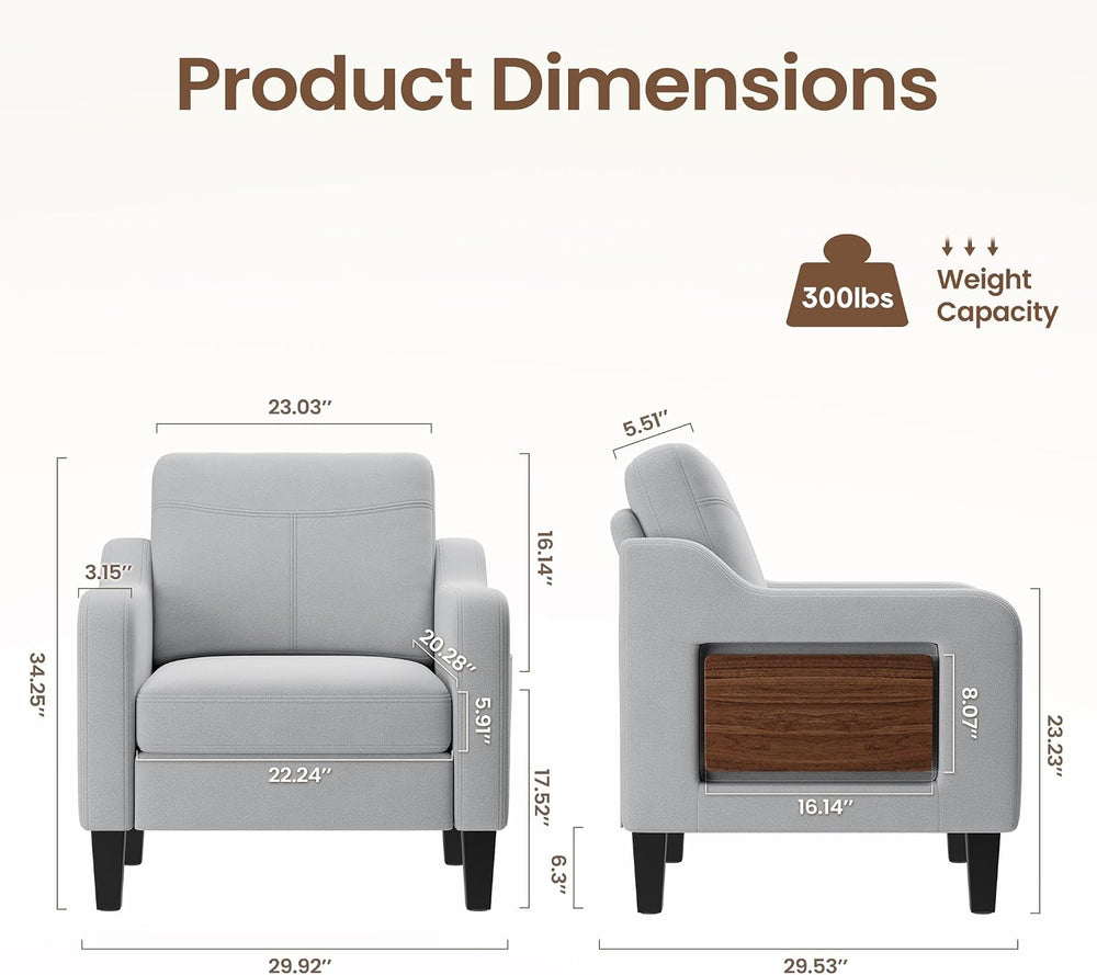 Upholstered Accent Chair with Foldable Side Table for Living Room